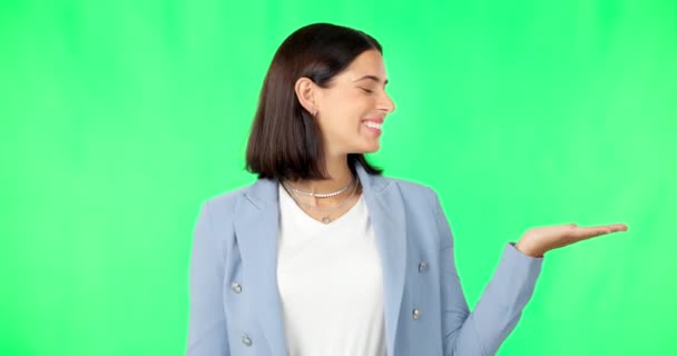 Business woman, hands and green screen in product placement, decision or choice against studio background. Portrait of female with smile showing advertisement, marketing or sale on copy space mockup. - Footage, Video