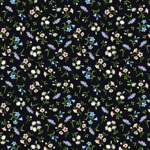 Seamless floral pattern with small pink, blue, white, and purple flowers on a black background. Vector print design - Vector, Image