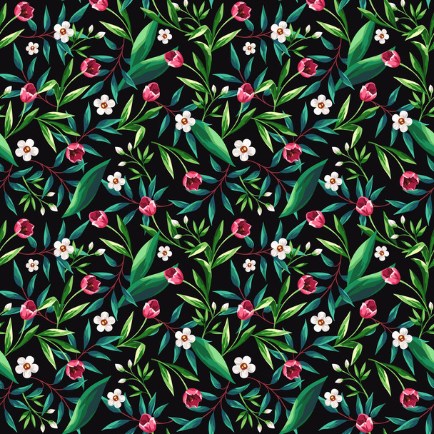 Floral seamless pattern with pink and white flowers and green leaves on a black background. Vector print design - Vektor, obrázek