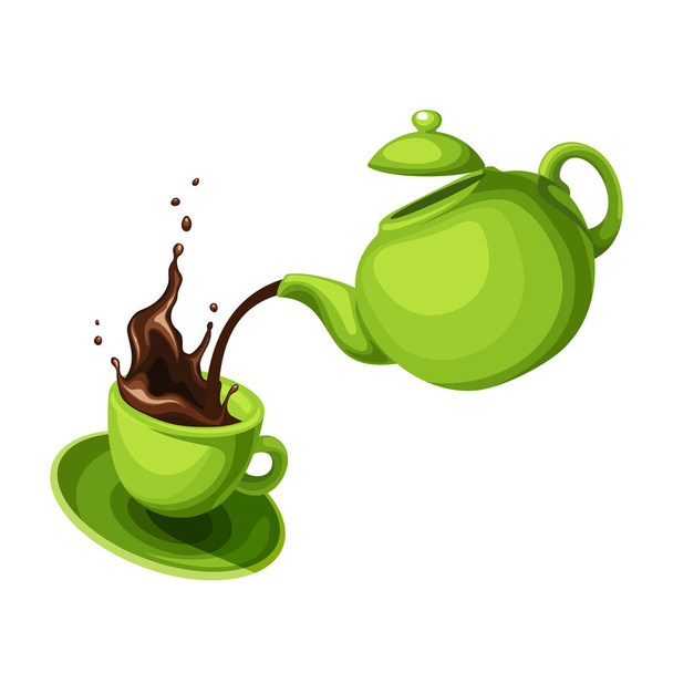 Teapot and a cup of tea. Green teapot pouring tea into a green cup. Vector illustration isolated on a white background - Вектор, зображення