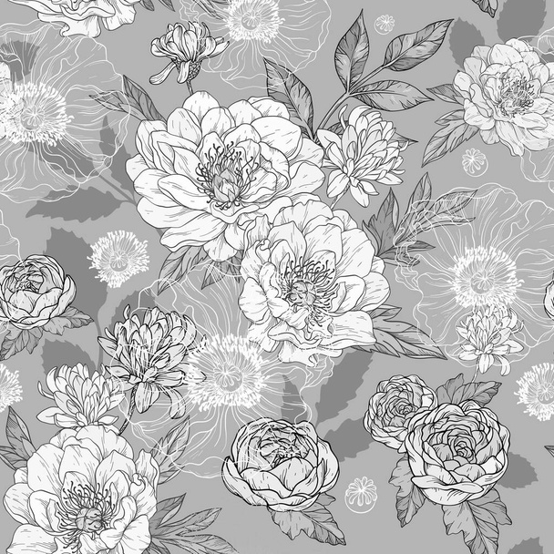 Vector seamless monochrome pattern with peonies and leaves, flower buds. Line art, vintage graphics. - Вектор, зображення