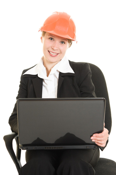 Businesswoman in a helmet on a white background. - Foto, immagini