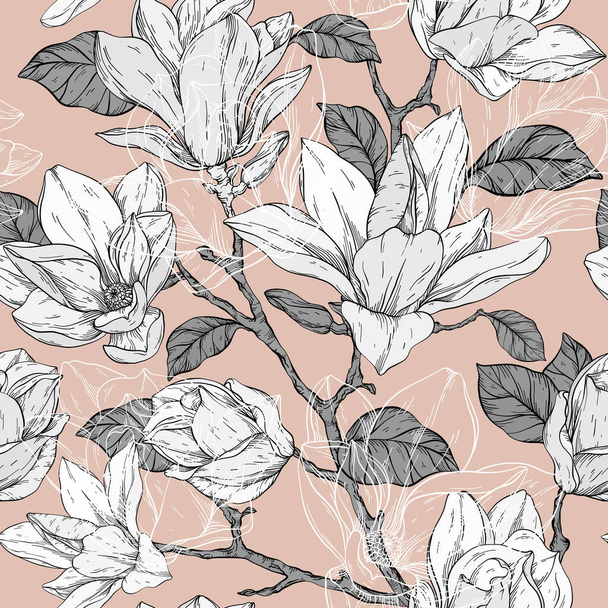Beautiful seamless pattern with magnolia flowers plants, beige color palette. Vector illustration - Wektor, obraz