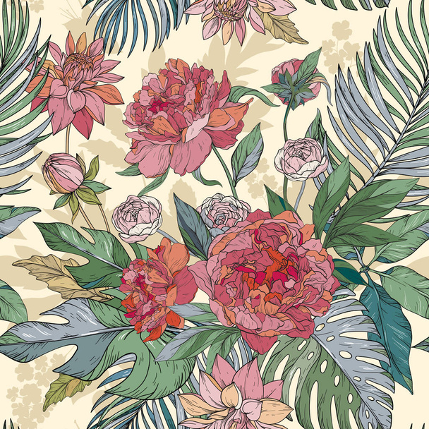 Seamless vector vintage pattern with bouquet of blue flowers. Peonies, roses, chrysanthemums - Vector, Imagen