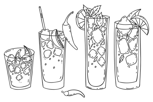Sbírka mexických koktejlů Charro Negro, Vampiro, třešňová limetka, mátová limonáda s kostkami ledu, limetkou, třešněmi a chilli papričkami. Izolované vektorové lineární čmáranice. Latinskoamerické tradice nápoje - Vektor, obrázek