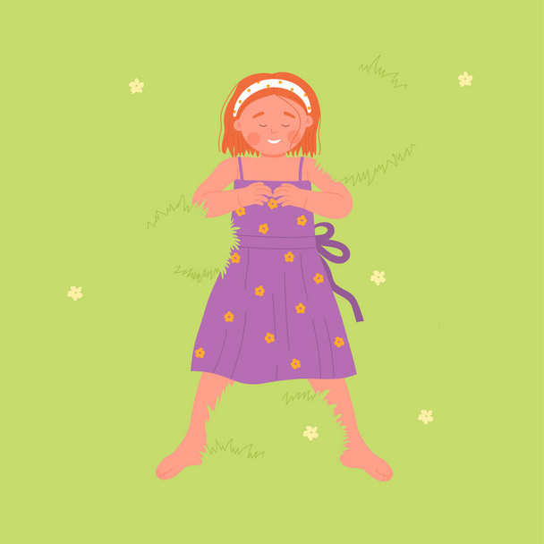 Childhood top view concept. Happy cute red hair girl lying on carpet grass in park or garden, top view vector illustration - Διάνυσμα, εικόνα