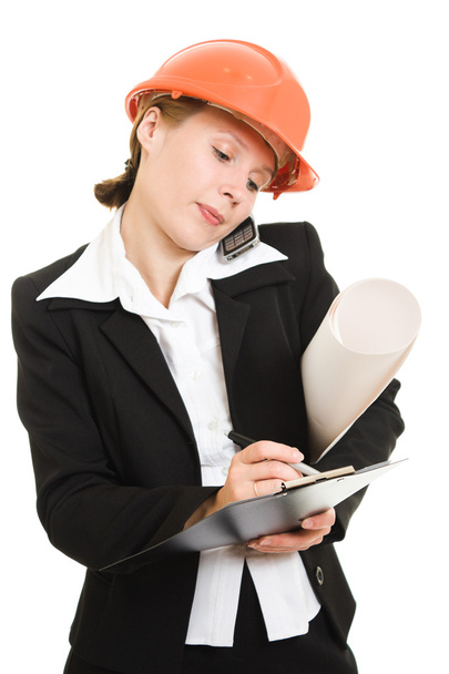Businesswoman in a helmet on a white background. - Фото, зображення