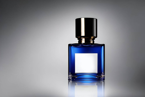 Botella azul perfume mockup studio shot, fondo aislado, etiqueta blanca, comercialización y presentación de productos. - Foto, imagen