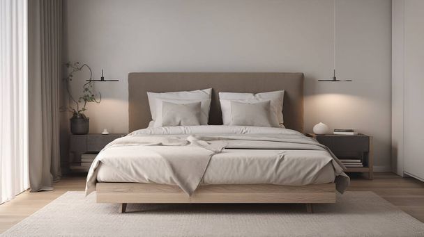 Simple dormitorio moderno minimalista acogedor cómodo y elegante para la casa y el apartamento, buen interior. - Foto, imagen