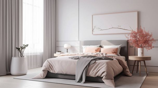 Eenvoudige minimalistische moderne slaapkamer gezellig comfortabel en elegant voor huis en appartement, goed interieur. - Foto, afbeelding