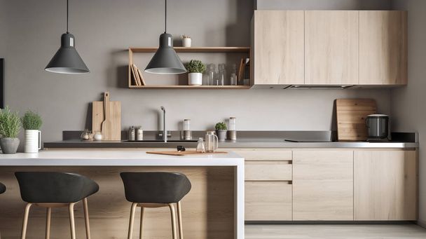 Eenvoudige minimalistische moderne keuken gezellig comfortabel en elegant voor huis en appartement, kast, wastafel, en een aantal keukenapparatuur, eetkamer, goed interieur. - Foto, afbeelding