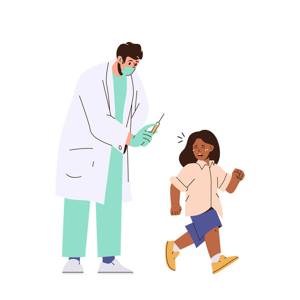 Cute little scared crying girl character having phobia for needles afraid of injections escaping doctor pediatrician with vaccine syringe vector illustration. Children fears and vaccination concept - Vector, Image