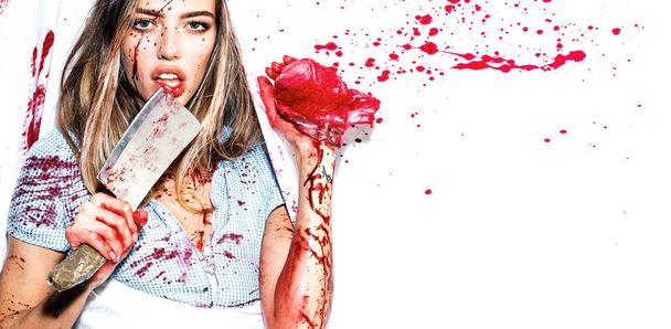 Sexy woman covered in blood holding knife. Revenge of the lover. Toxics relationship concept - Fotoğraf, Görsel