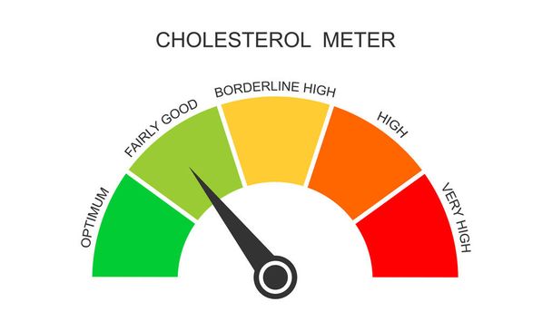 Panel de control del medidor de colesterol con flecha. Aterosclerosis, hiperlipidemia, hipercolesterolemia. Niveles de lipoproteínas de óptimos a muy altos. Ilustración plana del vector - Vector, Imagen