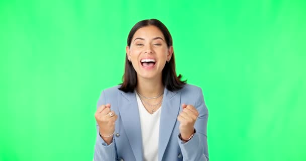 Winner, celebration and business woman on green screen for wow news, winning bonus and promotion in studio. Excited, cheering and portrait of isolated happy applause, clapping and point for hey you. - Footage, Video