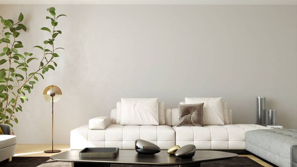 Сучасна 3d ілюстрація Банер Розслабляюча і зручна сучасна вітальня з диванами Крісла Вікна Рюки Кавові столи Штори та книжкові полиці
 - Фото, зображення