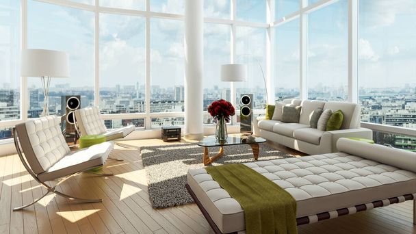 Modern 3d illustration Banner Relaxing and Comfortable Modern Living Room with Sofas Armchairs Windows Rugs Coffee Tables Curtains and Bookshelves - Photo, Image