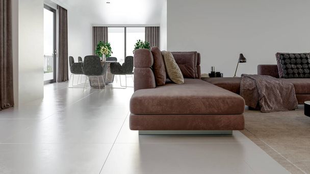Modern 3D-s illusztráció Banner Relaxing and Comfortable Modern Nappali kanapéval fotelek Windows Szőnyegek Kávé Asztalok Függönyök és könyvespolcok - Fotó, kép
