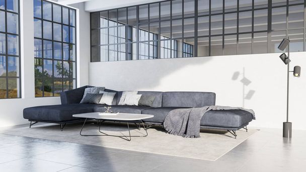 Nowoczesny 3D ilustracja Baner Relaks i wygodny nowoczesny salon z sofami Fotele Okna Dywany Stoły kawowe Zasłony i półki na książki - Zdjęcie, obraz
