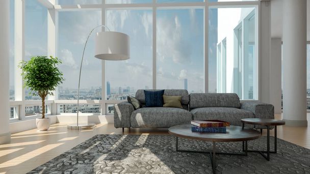 Banner de ilustração 3D moderna Sala de estar moderna relaxante e confortável com sofás Poltronas Windows Tapetes Mesas de café Cortinas e estantes - Foto, Imagem