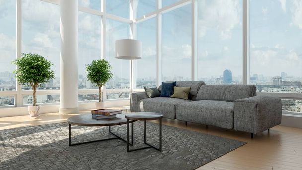Moderni 3D-kuvitus Banner Rentouttava ja mukava Moderni olohuone sohvat nojatuolit Windows matot sohvapöydät Verhot ja kirjahyllyt - Valokuva, kuva