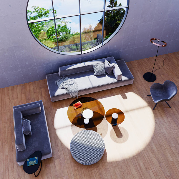 Nowoczesny 3D ilustracja Baner Relaks i wygodny nowoczesny salon z sofami Fotele Okna Dywany Stoły kawowe Zasłony i półki na książki - Zdjęcie, obraz