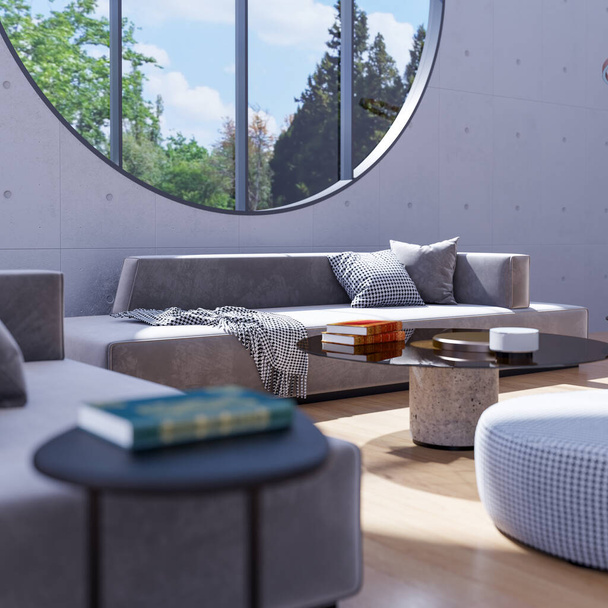 Modern 3D-s illusztráció Banner Relaxing and Comfortable Modern Nappali kanapéval fotelek Windows Szőnyegek Kávé Asztalok Függönyök és könyvespolcok - Fotó, kép