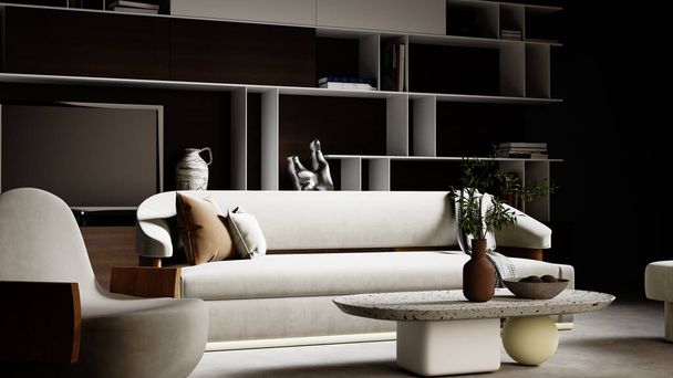 Moderní 3D ilustrace Banner Relaxační a pohodlný moderní obývací pokoj s pohovkami Křesla Windows Rugs konferenční stolečky Záclony a police - Fotografie, Obrázek