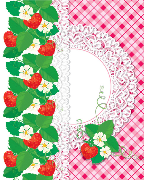 Card with Strawberries and lace circle frame on checkered pink b - Vector, Image