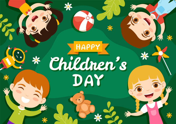Happy Children Day Vector Illustration with Boy and Girl Kids in Toys on Background Flat Cartoon Hand Drawn for Web Banner or Landing Page Templates - Διάνυσμα, εικόνα