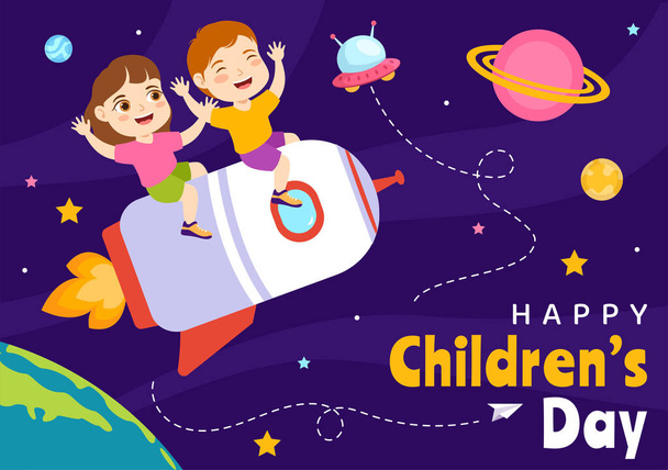 Happy Children Day Vector Illustration with Boy and Girl Kids in Toys on Background Flat Cartoon Hand Drawn for Web Banner or Landing Page Templates - Vecteur, image