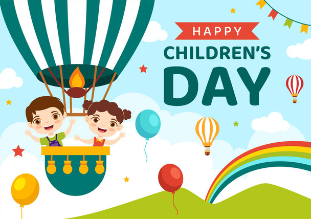 Ευτυχισμένη Ημέρα των Παιδιών Εικονογράφηση Διάνυσμα με Αγόρι και Κορίτσι Παιδιά στα Παιχνίδια στο παρασκήνιο Επίπεδη Cartoon Hand Σχεδιασμένο για Web Banner ή Landing Page Πρότυπα - Διάνυσμα, εικόνα