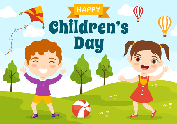 背景におもちゃで男の子と女の子の子供たちと幸せな子供の日ベクトルイラストウェブバナーやランディングページテンプレートのために描かれたフラット漫画の手 - ベクター画像