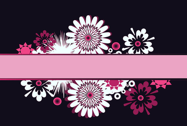 花や空のリボンで美しいバナーの花のイラスト。暗い背景に隔離された白ピンクの花の装飾が施されたカードのイラストデザイン。テキストのフレーム. - 写真・画像