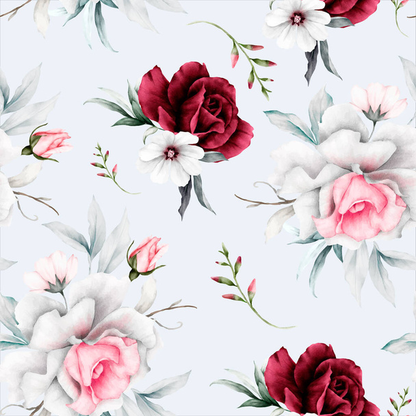 rose flowers and leaves painting watercolor floral seamless pattern - Vektör, Görsel