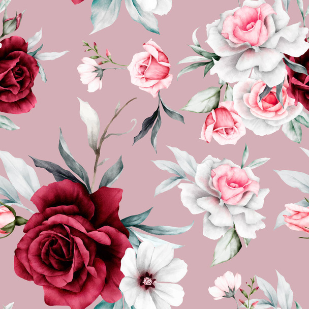 τριαντάφυλλο λουλούδια και φύλλα ζωγραφική ακουαρέλα floral αδιάλειπτη μοτίβο - Διάνυσμα, εικόνα
