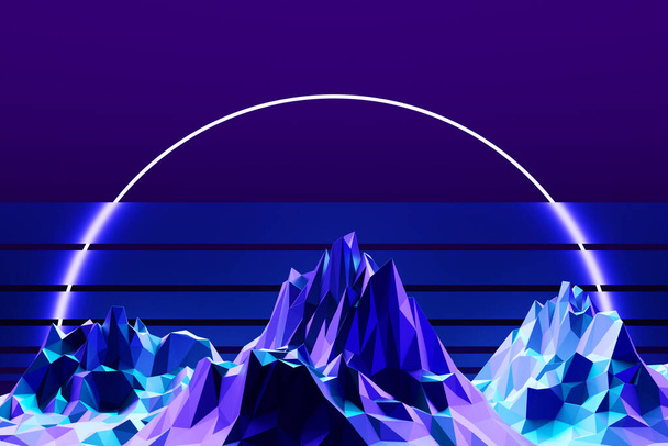 3d illustration neon  colorful   mountains of different sizes on a  blue   background. Sharp waves. Abstract lines. Flow background. - Photo, image