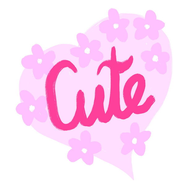 Illustrazione disegnata a mano di parole lettering carino con fiori rosa diasy a forma di cuore. San Valentino Girly giorno cartolina invito, decorazione fiori di ciliegio, adesivo di auguri botanici - Foto, immagini