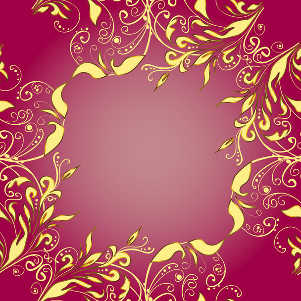 Golden seamless pattern. Golden pattern on purple, pink and yellow colors with golden elements. Flat hand drawn vintage collection. Backdrop, fabric, gold wallpaper. - 写真・画像