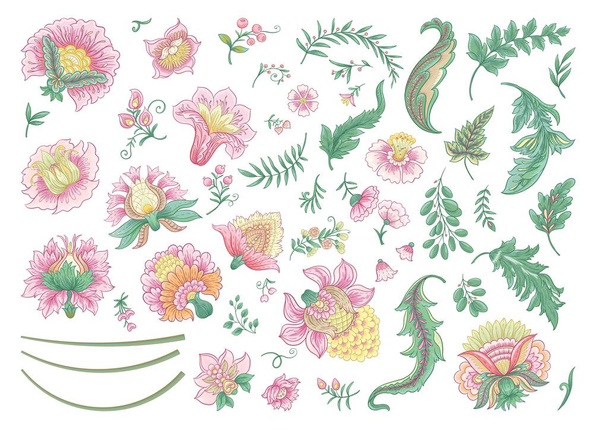 Fantasy flowers in retro, vintage, jacobean embroidery style. Clip art, set of elements for design Vector illustration. - Vector, Image