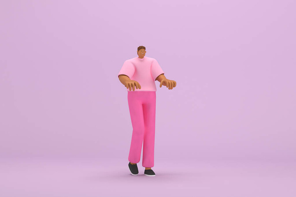 ピンクの服を着た黒人。彼は話すときに身体と手の表情です。演技における漫画のキャラクターの3Dレンダリング. - 写真・画像