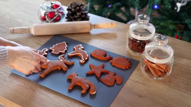 Womens hands coloring Christmas gingerbread cookies at home in slow motion. Christmas decoration in the kitchen. Fir tree with fairy lights. The concept of the New Year and Christmas. Holiday - Footage, Video