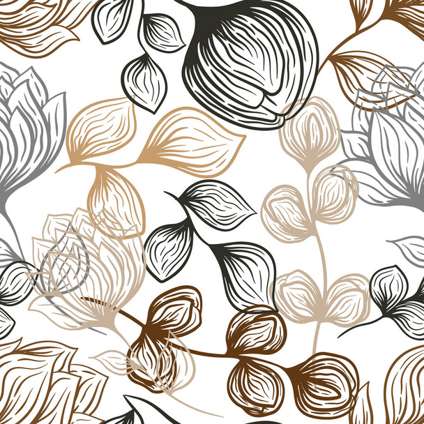 Flores florecientes, tulipán, hojas, patrón sin costuras vector floral sobre fondo blanco. Vintage hermosa flor romántica ilustración fondo de pantalla. Ilustración vectorial - Vector, Imagen