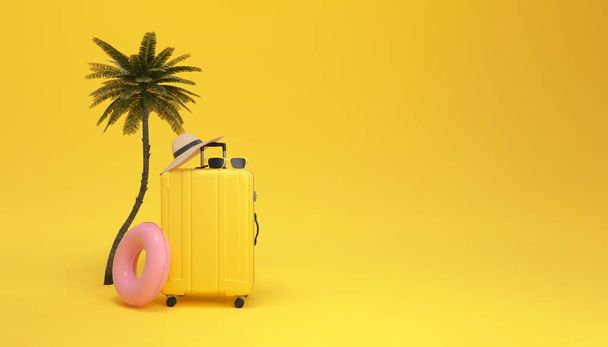 黄色の背景にヤシの木の中にサングラスと帽子を持つスーツケース。旅行の楽園の概念は最小限。3Dレンダリング. - 写真・画像