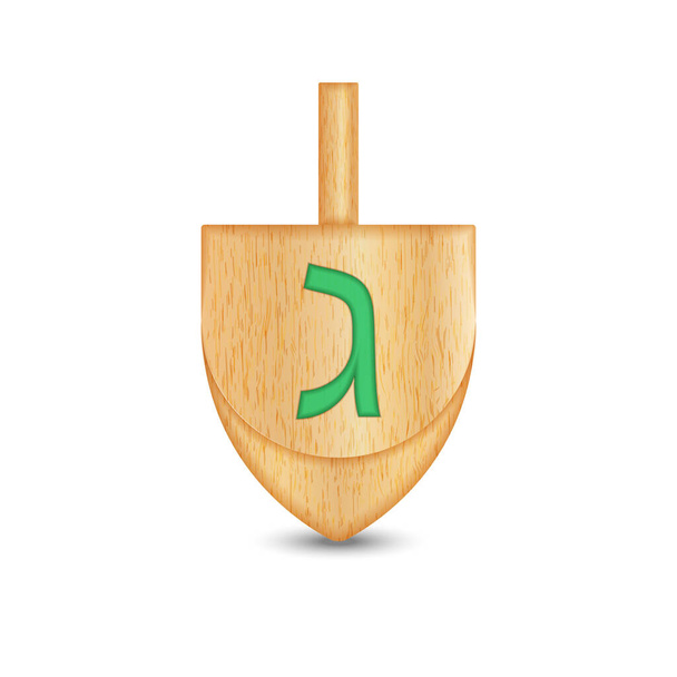 Ein Dreidel mit grünem Buchstaben Gimel ist ein vierseitiges hölzernes Kreisel realistisches 3D-Vektorobjekt isoliert auf weißem Hintergrund. Das Spielzeug, das während des jüdischen Festes Chanukka gespielt wird. - Vektor, Bild