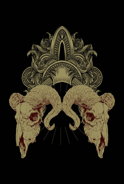 Skull goat with ornament artwork illustration - Vektori, kuva