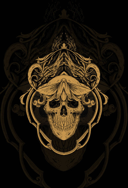 Skull with cockroach and temple artwork illustration - Vektör, Görsel