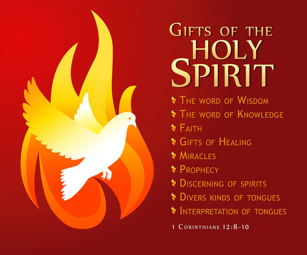 Dary Ducha svatého, Svatodušní sváteční prapor. Duch svatý se ponořil do plamenů a textu 1 Korintským 12: 8-10, pozvánka na bohoslužbu nebo plakát. Vektorová ilustrace - Vektor, obrázek