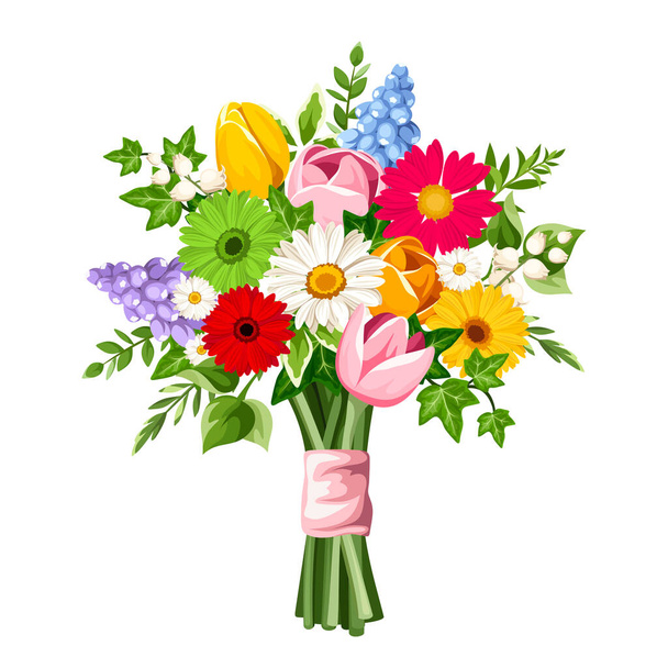Bouquet of colorful flowers (tulips, gerberas, hyacinth flowers, and lily of the valley flowers) isolated on a white background. Vector illustration - Wektor, obraz