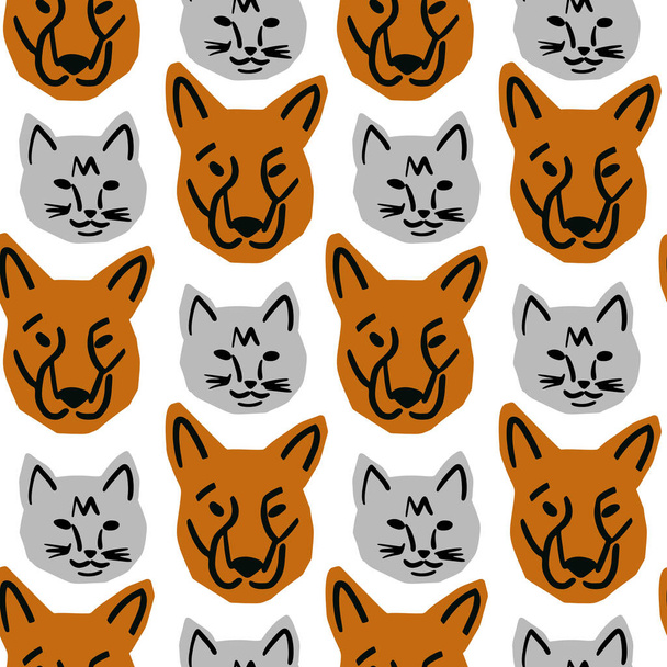 Seamless pattern with dog and cat head illustration in minimalist cutting style on white background. - Vector, imagen